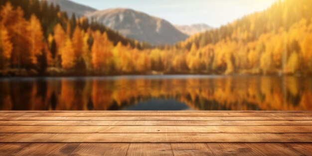 Photo le dessus de table en bois vide avec arrière-plan flou du lac et de la montagne en automne image exubérante