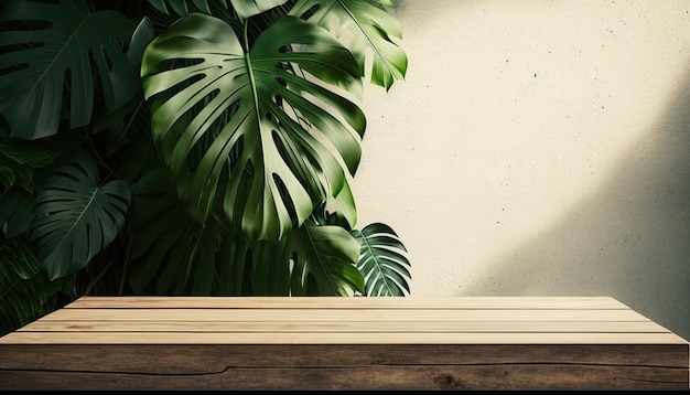 Dessus de table en bois vide avec un arrière-plan flou avec fond de plantes tropicales