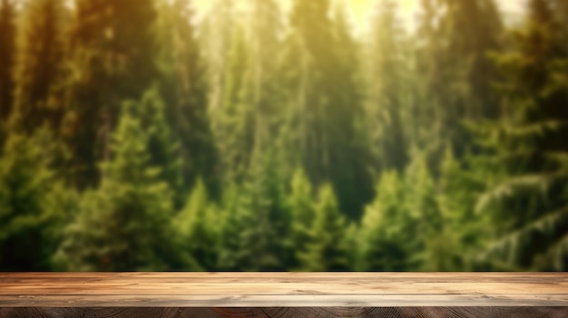 Le dessus de table en bois vide avec arrière-plan flou de la forêt boréale image exubérante