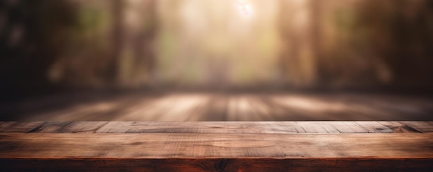 Photo dessus de table en bois vide avec un arrière-plan flou ia générative