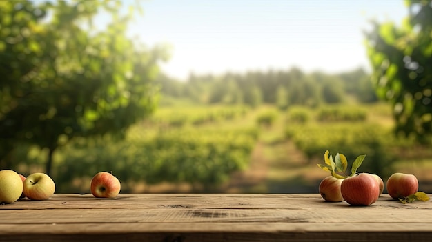 Dessus de table en bois vide avec arrière-plan flou de jardin de fruits pomme