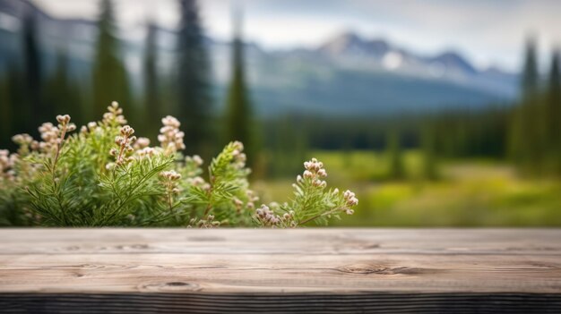 Photo le dessus de table en bois vide avec un arrière-plan flou de la nature de l'alaska generative ai aig30