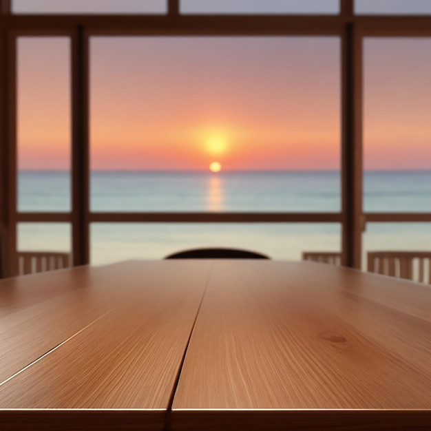 Le dessus de table en bois vide avec un arrière-plan flou de photo de coucher de soleil généré par l'IA