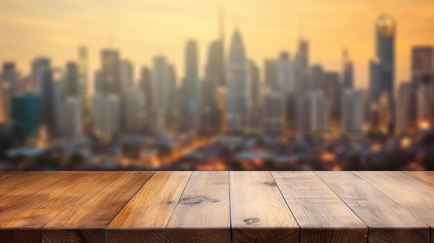 Le dessus de table en bois vide avec un arrière-plan flou sur les toits de la ville Image exubérante