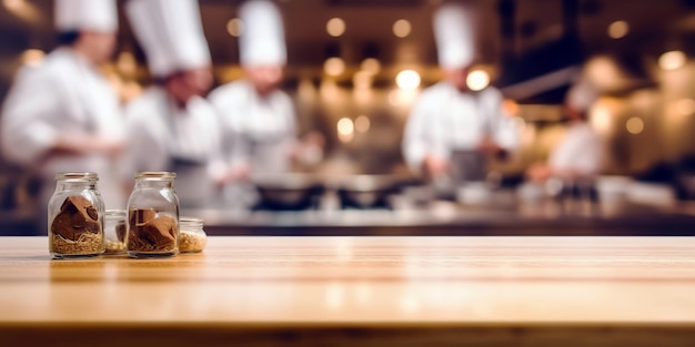 Dessus de table en bois vide avec le chef cuisinant dans la cuisine du restaurant fond défocalisé flou