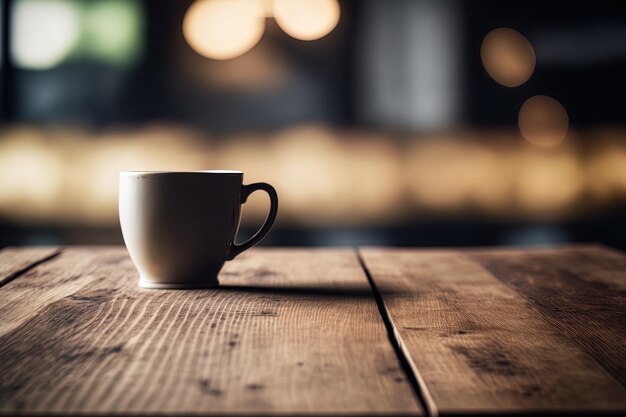 Dessus de table en bois vide avec un fond de café flou abstrait