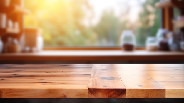 Dessus de table en bois vide avec fond de cuisine flou généré par l'IA