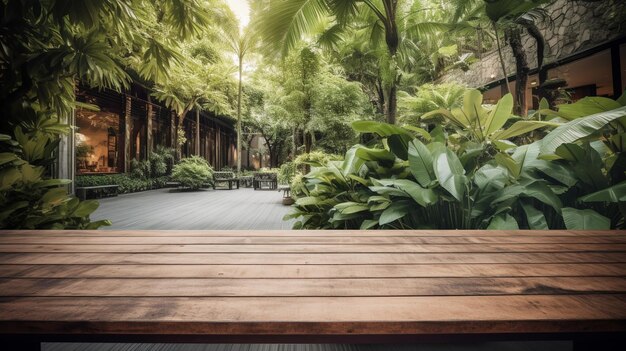 Dessus de table en bois vide sur fond estompé au jardin dans le centre commercial Image AI générative