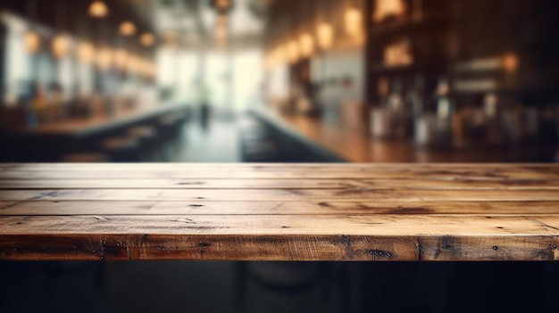 Dessus de table en bois vide sur fond estompé du bar Image AI générative