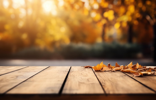 Le dessus de table en bois vide avec un fond flou de l'automne génératif ai