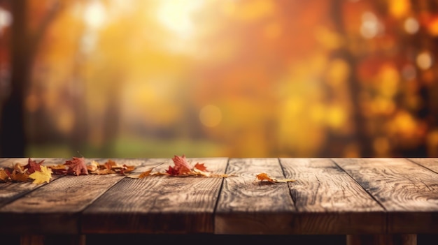 Le dessus de table en bois vide avec un fond flou de l'automne Generative AI AIG30