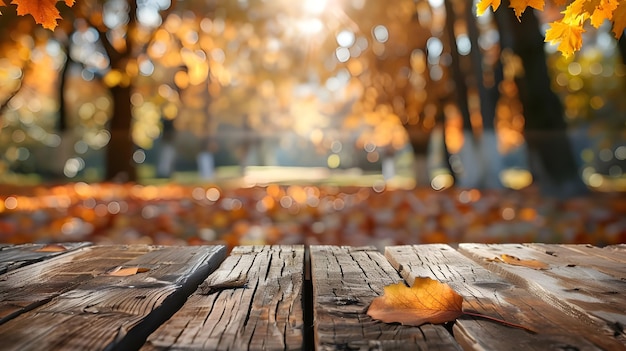 Le dessus de table en bois vide avec un fond flou de l'automne