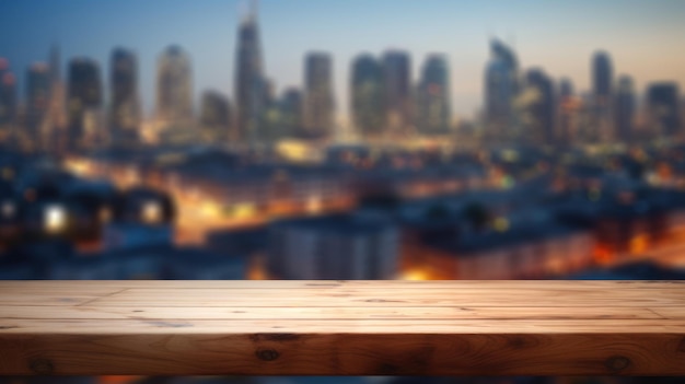 Le dessus de table en bois vide avec un fond flou du paysage urbain Image exubérante