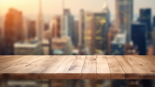 Le dessus de table en bois vide avec un fond flou du quartier des affaires et du bâtiment de bureaux en automne Exubérant