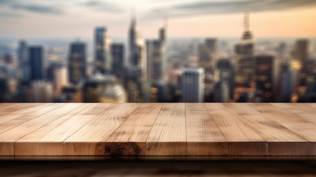 Le dessus de table en bois vide avec un fond flou du quartier des affaires et du bâtiment de bureaux en automne Exubérant