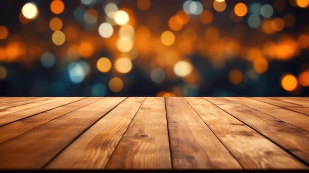 Le dessus de table en bois vide avec le fond flou du restaurant la nuit Exubérant