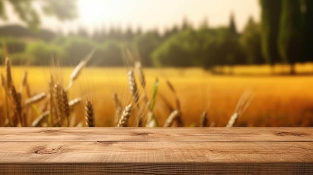 Le dessus de table en bois vide avec un fond flou de la ferme de blé exubérant