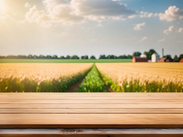 Le dessus de table en bois vide avec un fond flou de la ferme de blé