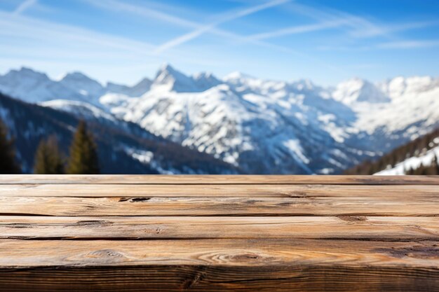 Photo le dessus de table en bois vide avec un fond flou de l'hiver