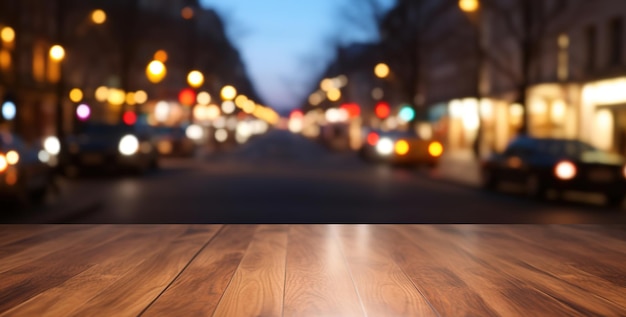 Un dessus de table en bois vide avec un fond flou d'une rue animée d'une grande ville