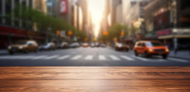 Un dessus de table en bois vide avec un fond flou d'une rue animée d'une grande ville