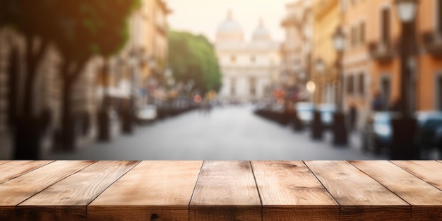 Le dessus de table en bois vide avec un fond flou de la rue de Rome Exubérant