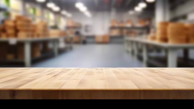 Le dessus de table en bois vide avec un fond flou de l'usine Exubérant