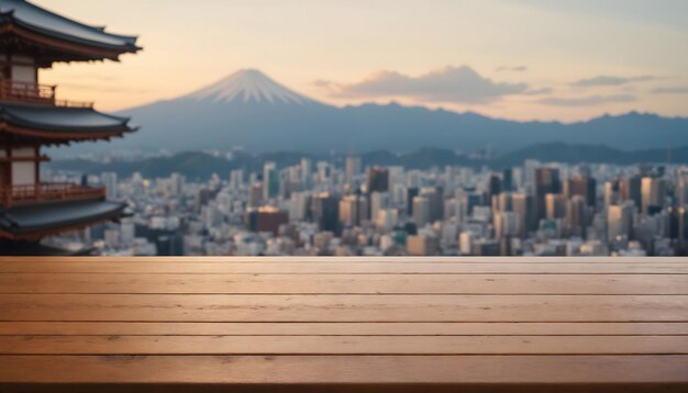 Photo le dessus de table en bois vide avec un fond flou de la ville japonaise