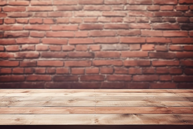 Dessus de table en bois vide sur fond de mur de brique rouge