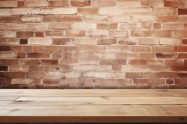 Dessus de table en bois vide sur fond de mur de brique rouge