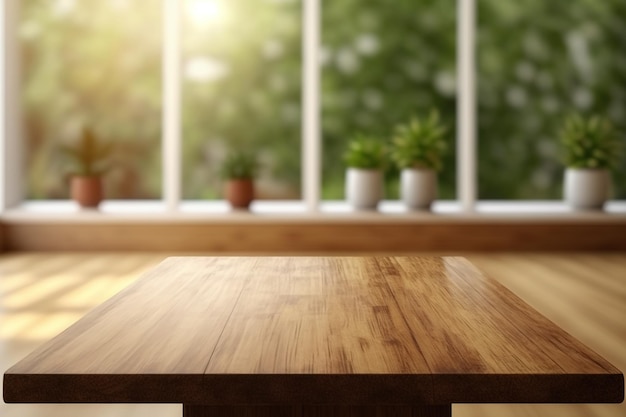 Dessus de table en bois vide avec intérieur de salle flou avec fond de fenêtre