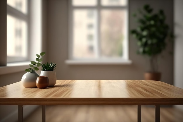 Dessus de table en bois vide avec intérieur de salle flou avec fond de fenêtre