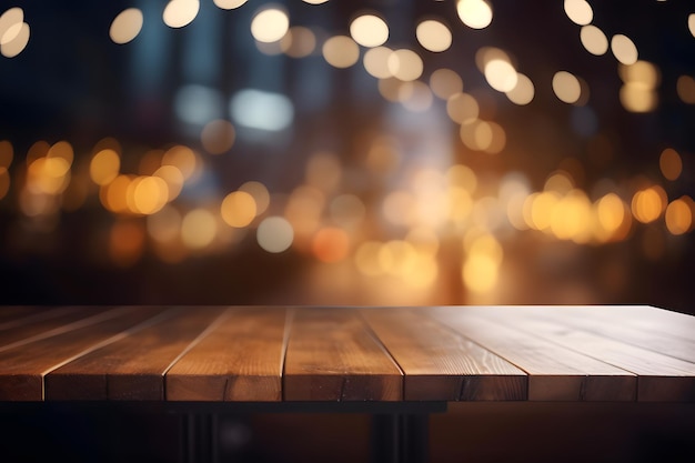 Dessus de table en bois vide avec lumières bokeh sur fond flou image générée par le réseau de neurones