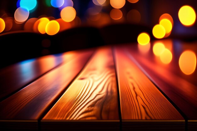 Dessus de table en bois vide avec lumières bokeh