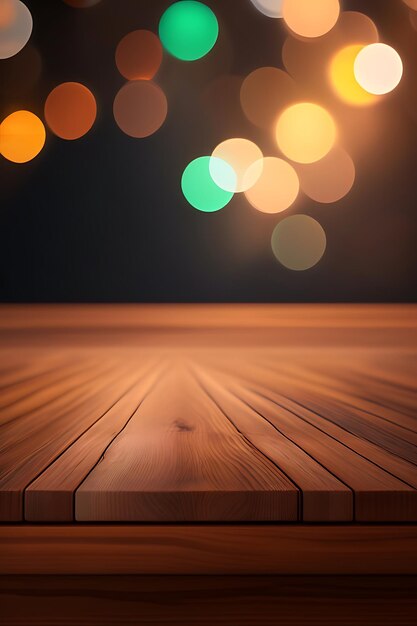 Dessus de table en bois vide avec lumières bokeh