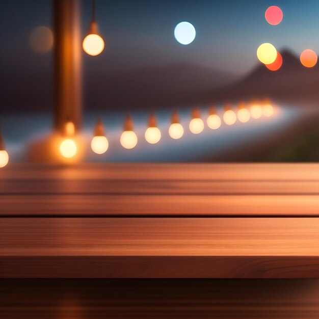 Photo dessus de table en bois vide avec lumières bokeh