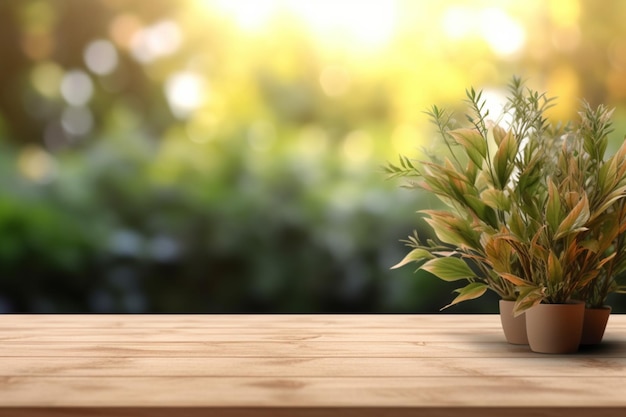 Dessus de table en bois vide et plantes floues sur l'espace de copie d'arrière-plan pour votre produit objet