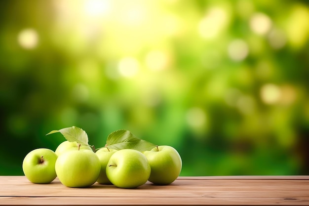 Dessus de table en bois vide avec scène de vitrine d'affichage de produit de pommes vertes sur fond de jardin flou