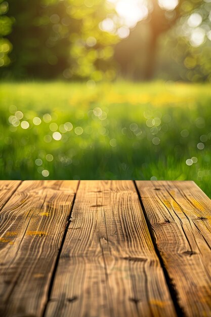 un dessus de table en bois vide sert de toile de fond pour l'affichage du produit sur un fond de ressort flou