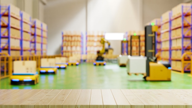 Dessus de table en bois vide sur l'usine floue