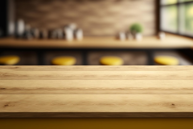 Dessus de table en bois vide avec vue sur un café ou un bureau en bois avec un espace vide pour l'affichage du produit