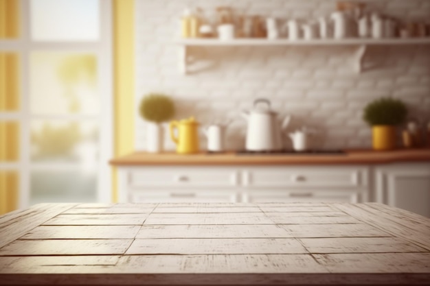 Dessus de table en bois vide avec vue sur une cuisine shabby chic ou un bureau en bois avec espace de copie pour votre texte