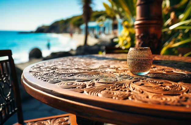 Dessus de table de café en plein air tropical sur la plage