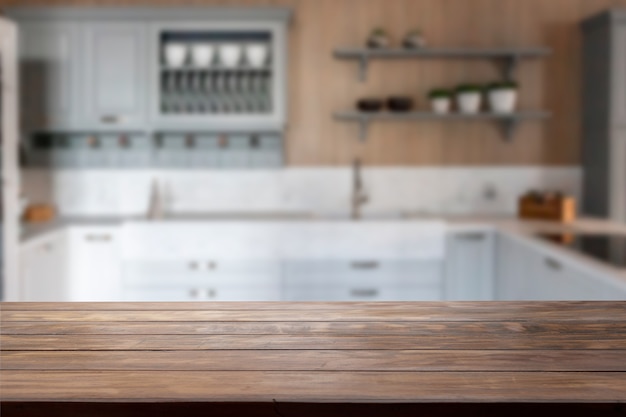 Photo dessus de table avec une cuisine floue en arrière-plan