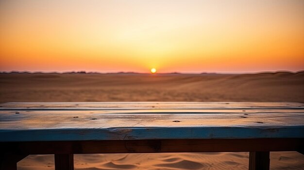 Photo le dessus de la table est vide, brun et en bois avec un fond flou de montagne de dunes du désert.
