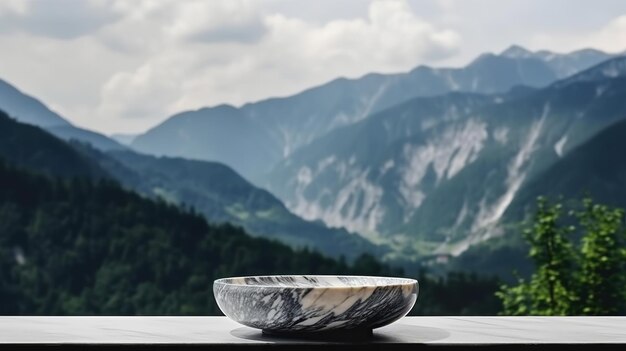 Dessus de table en marbre avec établissement de montagne pour un spectacle de choses apparaît Ressource créative générée par l'IA