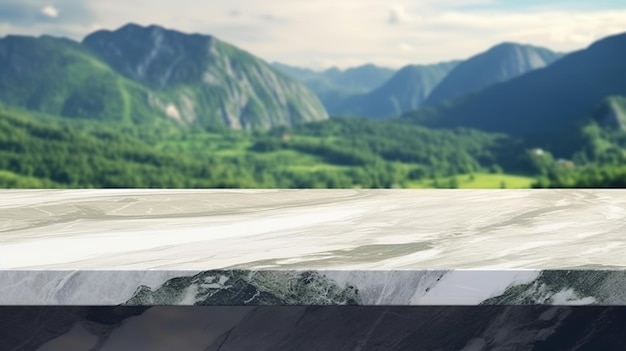 Dessus de table en marbre de niveau avec image de fondation de scène de montagne pour la chose apparaît maquette Ressource créative générée par l'IA
