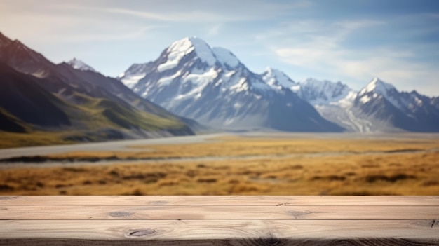 Photo le dessus de table marron en bois vide avec arrière-plan flou du paysage du mont cook image exubérante