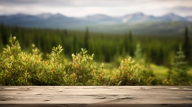 Photo le dessus de table marron en bois vide avec arrière-plan flou du paysage naturel de la norvège exubérant