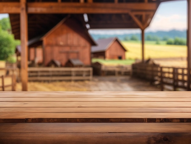 Le dessus de table marron en bois vide avec arrière-plan flou de la ferme et de la grange